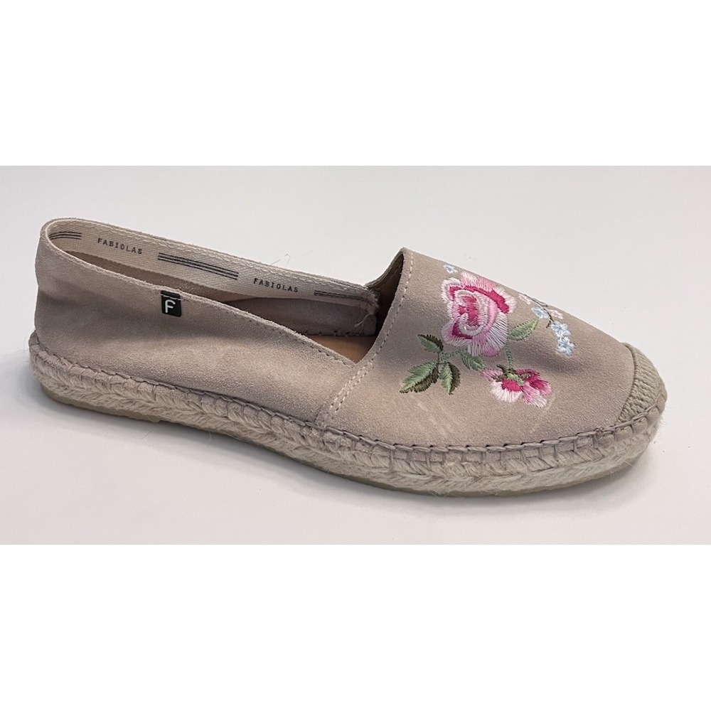 New FABIOLAS Sz 9 40 Espadrilles Suede Embroidered Flats Beige Tan Anthropologie
